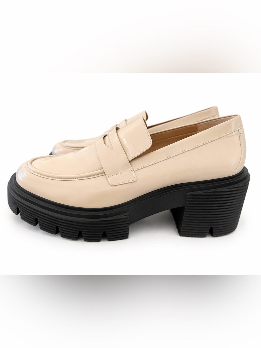Stuart Weitzman Cream Leather Lug Sole Penny Loafers